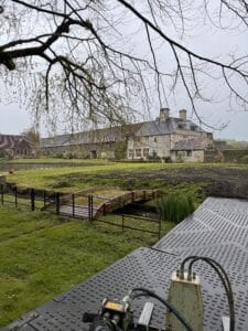 TuffTrak mats providing temporary access across a bridge and field at a countryside wedding venue