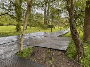 Temporary TuffTrak access road installed through landscaped parkland for wedding guest access