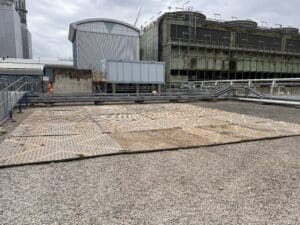 TuffTrak ground protection mat pad installed to support crane and excavator access during emergency works