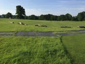 Access route over grass created with ground protection mats at Hall Grove School