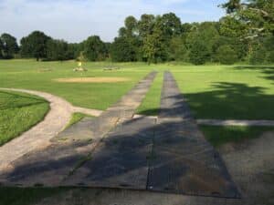 Ground protection trackway laid across the school grounds at Hall Grove School